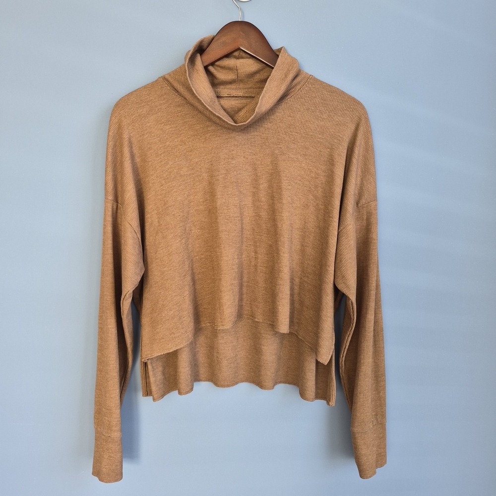 American Eagle Womens Oversized Small Shirt Tan Brown Turtle Neck Waffle Knit